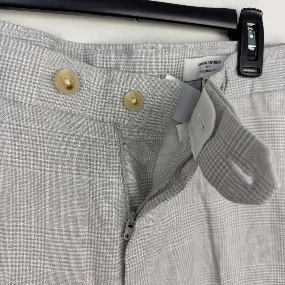 Banana Republic LINEN Blend Tailored Fit Pants Mens 31x28 Grey Glen Plaid Flat